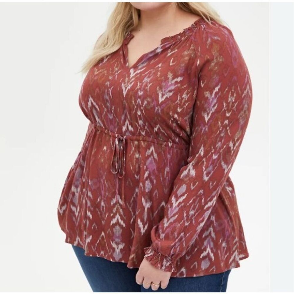 Torrid Top Women’s 1X Red Ikat‎ Gauze Long Sleeve V-Neck Peasant Blouse